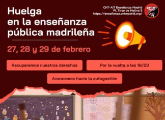 CNT-AIT Enseñanza (Madrid) llama a la huelga los próximos 27, 28 y 29 de febrero