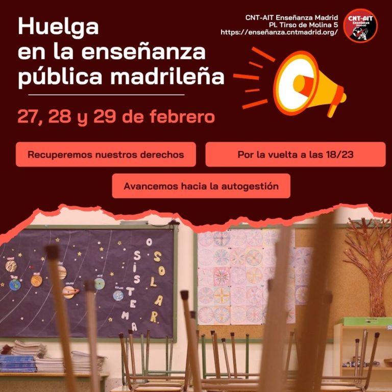 CNT-AIT Enseñanza (Madrid) llama a la huelga los próximos 27, 28 y 29 de febrero
