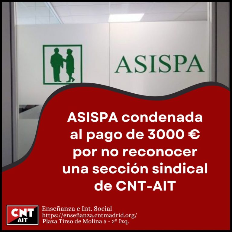 Fundación Asispa condenada al pago de 3.000 € por no reconocer una sección sindical de CNT-AIT