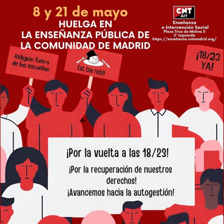 CNT-AIT apoya la huelga de las trabajadoras de la enseñanza los próximos 8 y 21 de mayo
