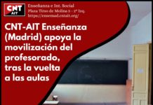 CNT-AIT Enseñanza (Madrid) apoya la movilización del profesorado, tras la vuelta a las aulas