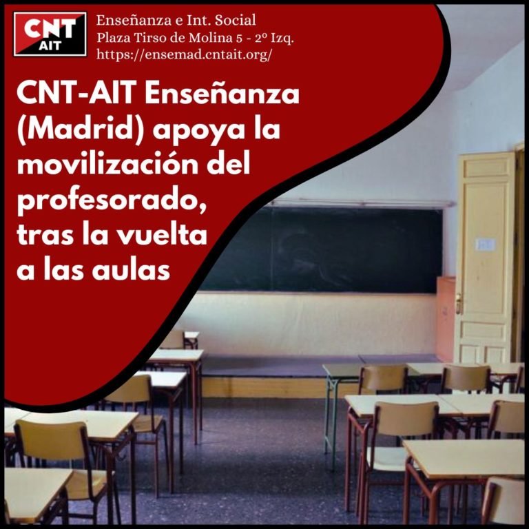 CNT-AIT Enseñanza (Madrid) apoya la movilización del profesorado, tras la vuelta a las aulas